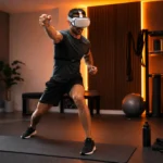 Man doing VR fitness in a safe home-gym space with exercise mat, heart-rate monitor, water bottle, and warm tech lighting