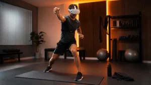 Man doing VR fitness in a safe home-gym space with exercise mat, heart-rate monitor, water bottle, and warm tech lighting