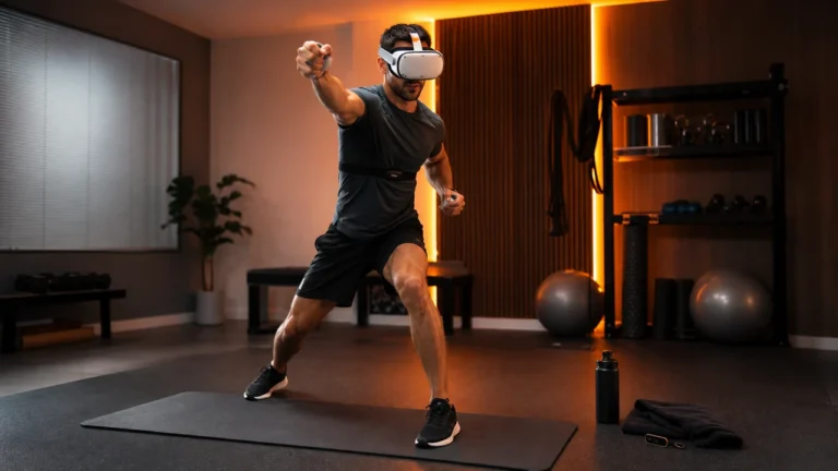 Man doing VR fitness in a safe home-gym space with exercise mat, heart-rate monitor, water bottle, and warm tech lighting