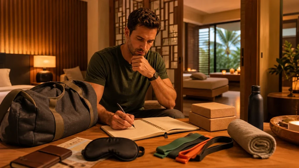 Man planning a wellness retreat with travel bag, sleep mask, resistance bands, yoga blocks, and notebook in warm spa light