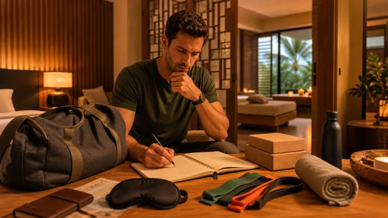 Man planning a wellness retreat with travel bag, sleep mask, resistance bands, yoga blocks, and notebook in warm spa light