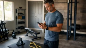 Man comparing fitness apps on a smartphone before a home workout