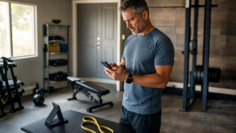 Best Fitness Apps 2026 | Buyer Guide 2 Man comparing fitness apps on a smartphone before a home workout