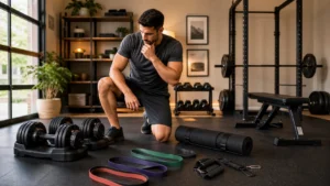 Man comparing compact home gym equipment with adjustable dumbbells, resistance bands, workout mat, and bench
