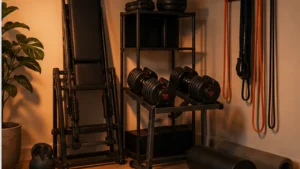 Compact home gym equipment setup with adjustable dumbbells bench mat and bands