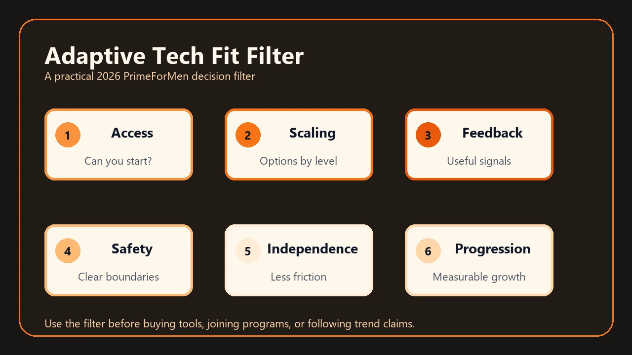 Adaptive tech fit filter with access, scaling, feedback, safety, independence, and progression