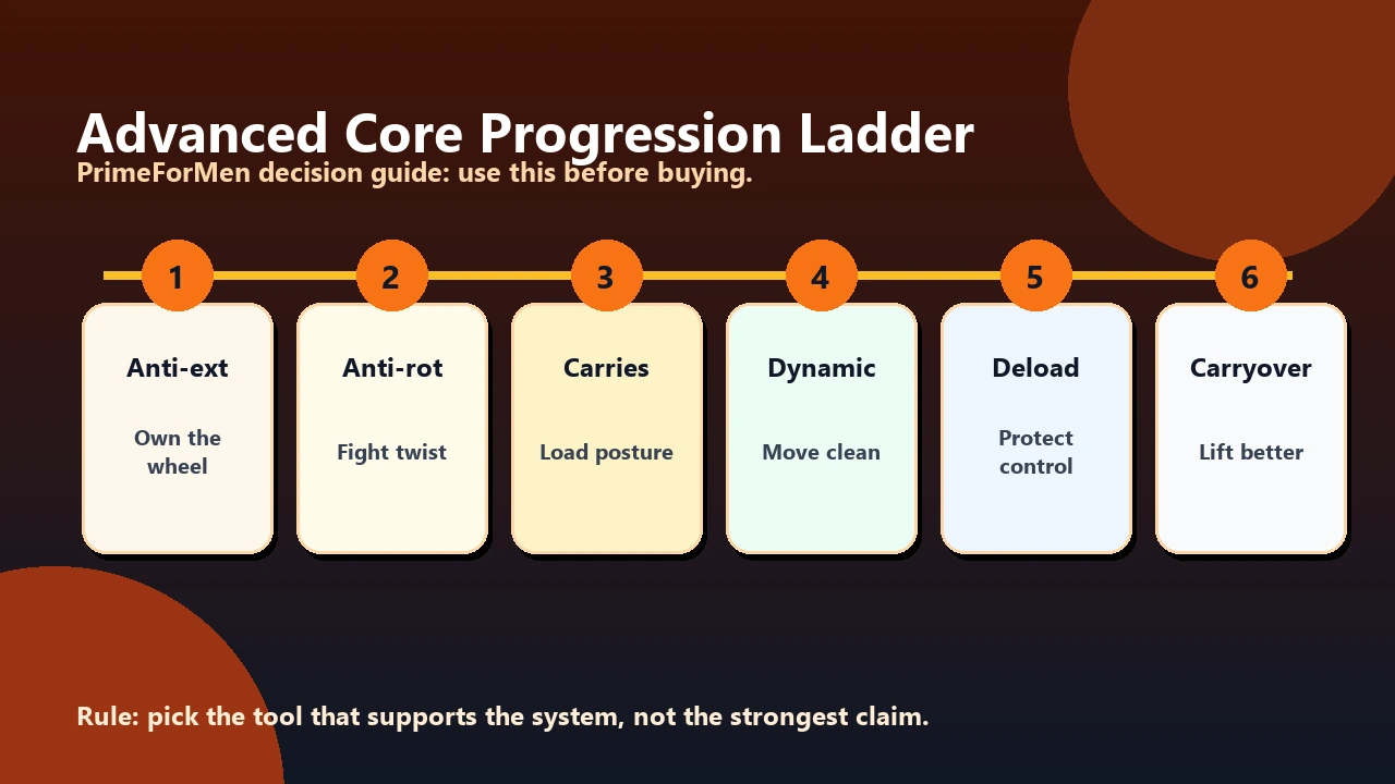 Advanced core progression ladder from bracing basics to load, anti-rotation, carries, instability, and deload control