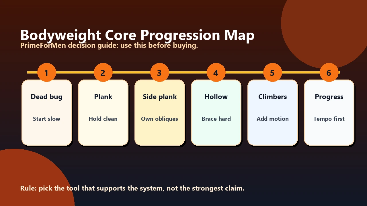 Bodyweight core progression map showing regressions, tempo holds, control checkpoints, and advanced no-equipment core variations