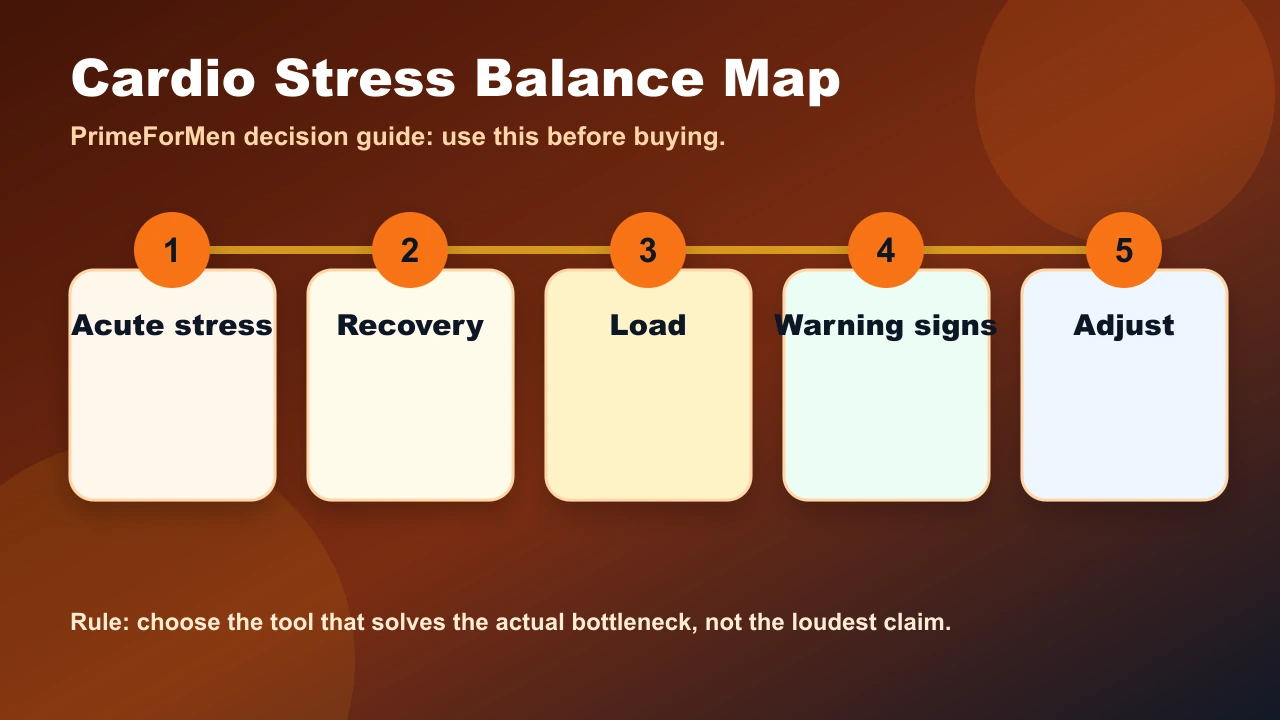 Cardio stress balance map showing training load, recovery, sleep, nutrition, and cortisol context
