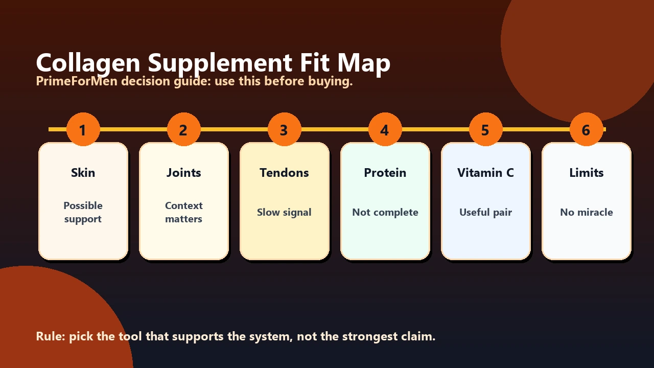 Collagen supplement fit map showing best uses for joints, skin, tendons, protein context, and who should skip