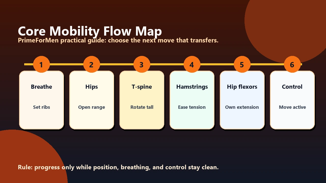 Core Flexibility Exercises | Mobility, Control, and Safer Range of Motion 2 Core Mobility Flow Map showing hips, thoracic spine, hamstrings, hip flexors, breathing, and trunk control