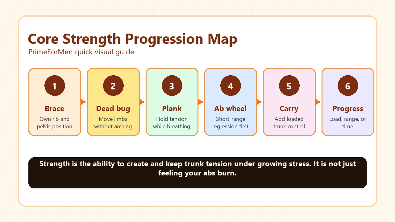 Core strength progression map with brace, dead bug, plank, ab wheel regression, loaded carry, and progressive overload