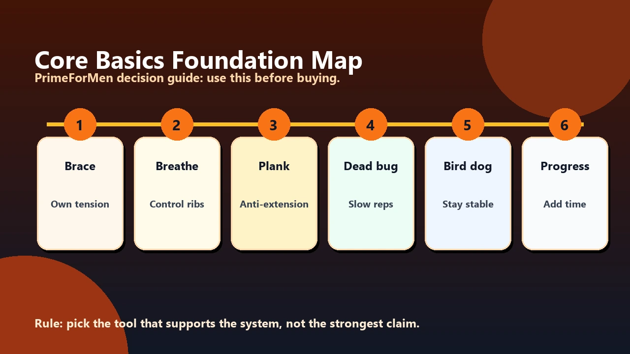 Core Workout Basics | Build Stability Before Chasing Abs 2 Core basics foundation map showing bracing, breathing, anti-extension, anti-rotation, carries, and beginner progression