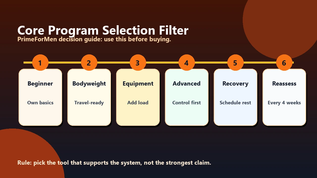Core Workout Programs | How to Choose and Progress the Right Plan 2 Core program selection filter showing level, time, equipment, recovery, and progression choices
