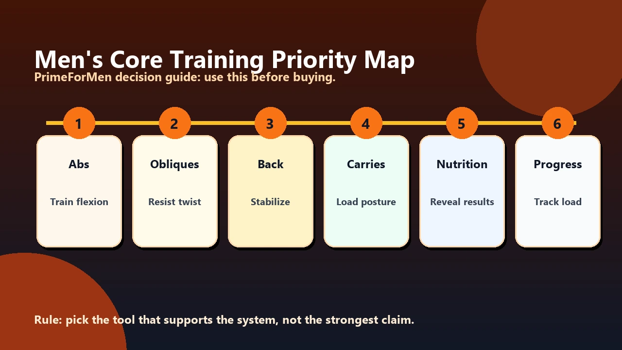 Men's core training priority map for abs, stability, strength carryover, posture, and progression