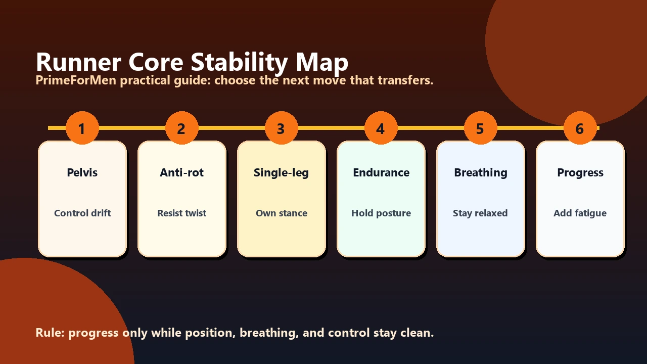 Runner Core Stability Map showing pelvis control, anti-rotation, single-leg stance, posture, and recovery priorities