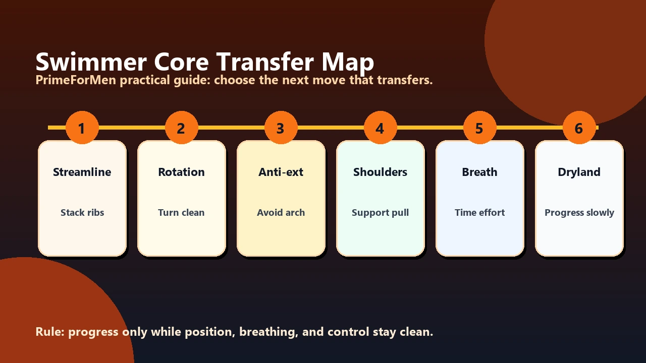 Swimmer Core Transfer Map showing rotation, streamline, anti-extension, breathing rhythm, and shoulder support