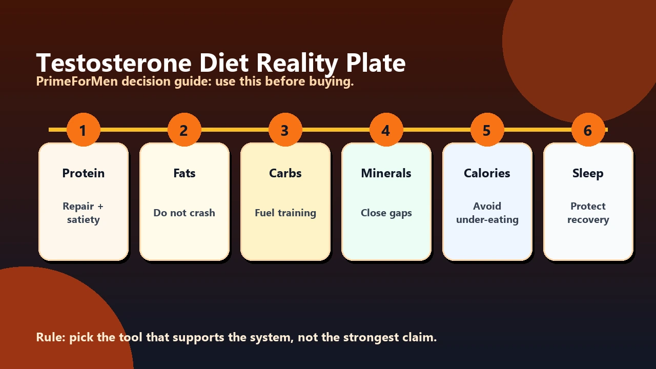 Diets That Boost Testosterone | What Actually Supports Hormone Health 2 Testosterone diet reality plate showing protein, healthy fats, micronutrient foods, sleep, training, and alcohol limits instead of magic foods