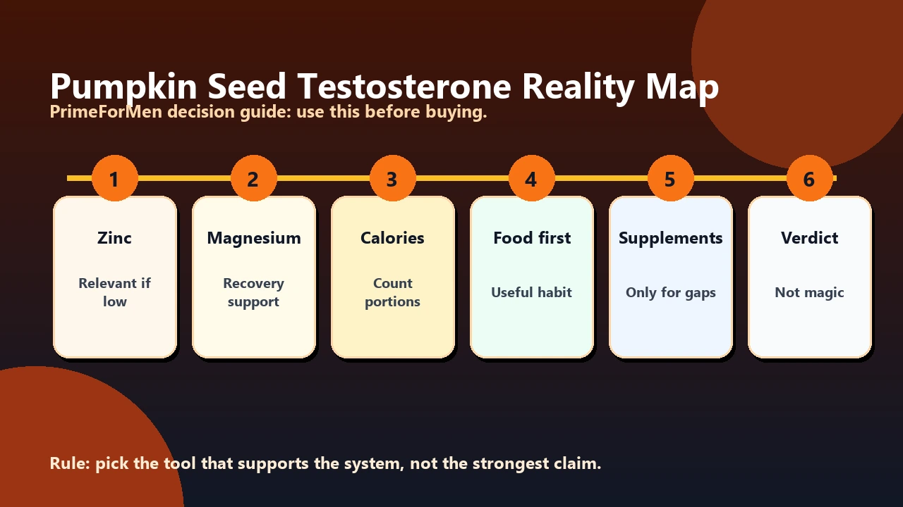 Pumpkin seed testosterone reality map showing zinc, magnesium, nutrient gaps, and realistic limits