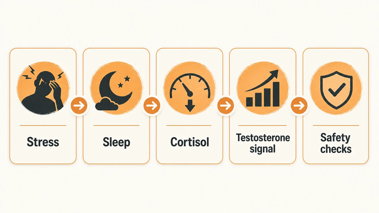 Does Ashwagandha Boost Testosterone? Evidence, Stress, and Limits 2 Ashwagandha evidence map showing stress, sleep, cortisol, testosterone signal, and safety checks