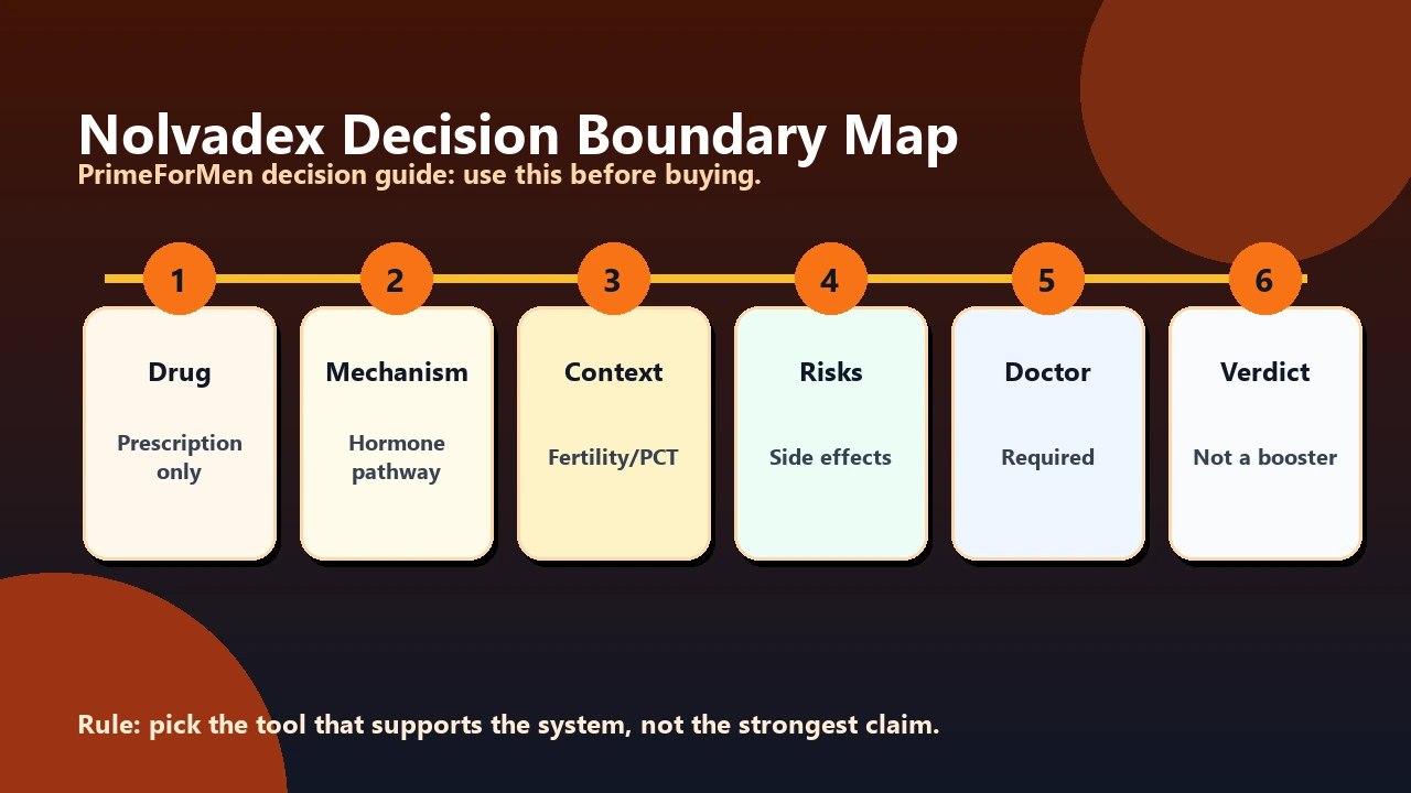 Does Nolvadex Boost Testosterone? What Men Need to Know 2 Nolvadex decision boundary map showing supplement questions, prescription review, risk screening, and doctor-only decisions