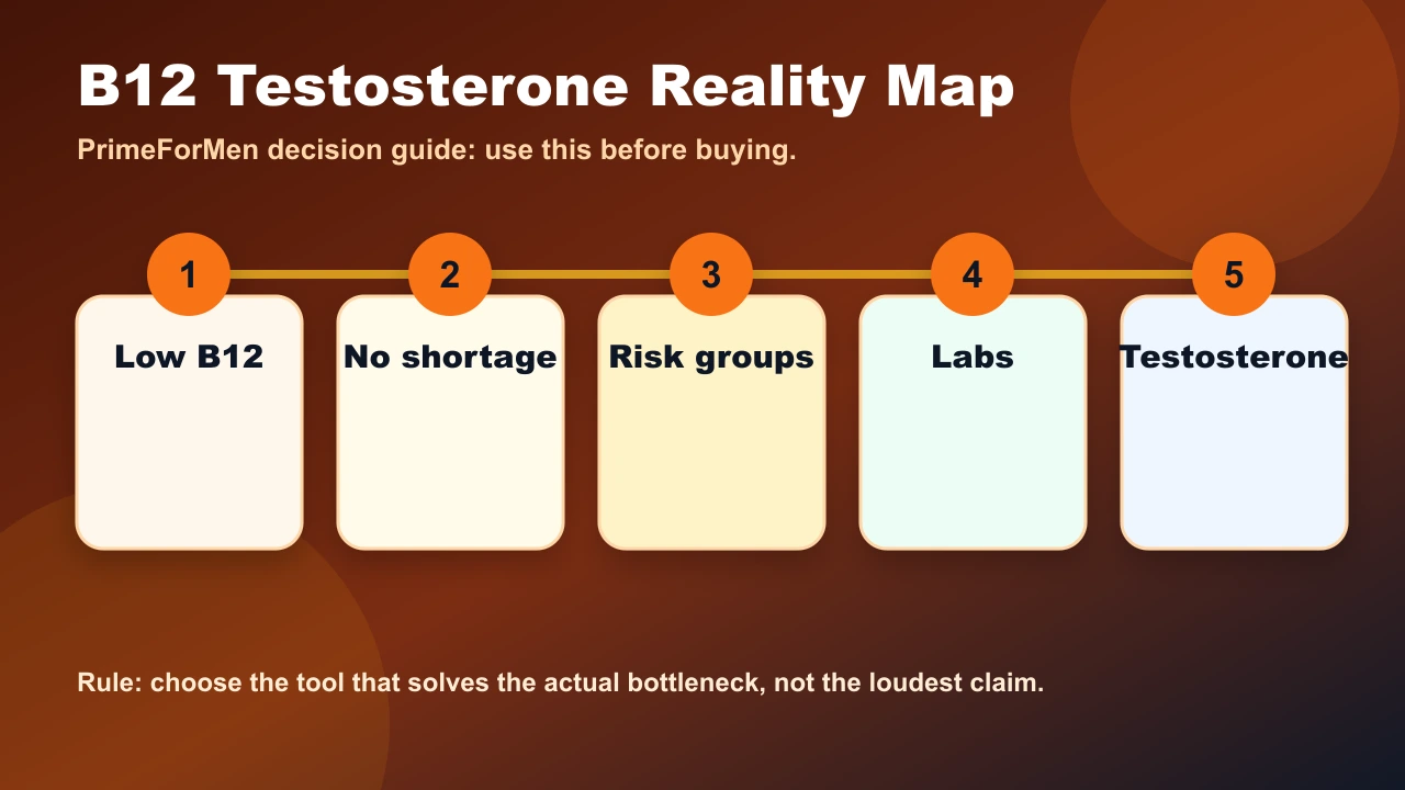 Does Vitamin B12 Affect Testosterone? Evidence, Deficiency, and Limits 2 B12 testosterone reality map showing deficiency correction, lab checks, and limits