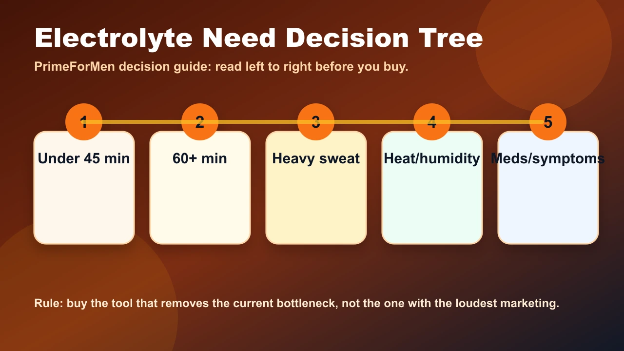 Electrolyte need decision tree for athletes based on sweat, heat, workout duration, and sodium loss