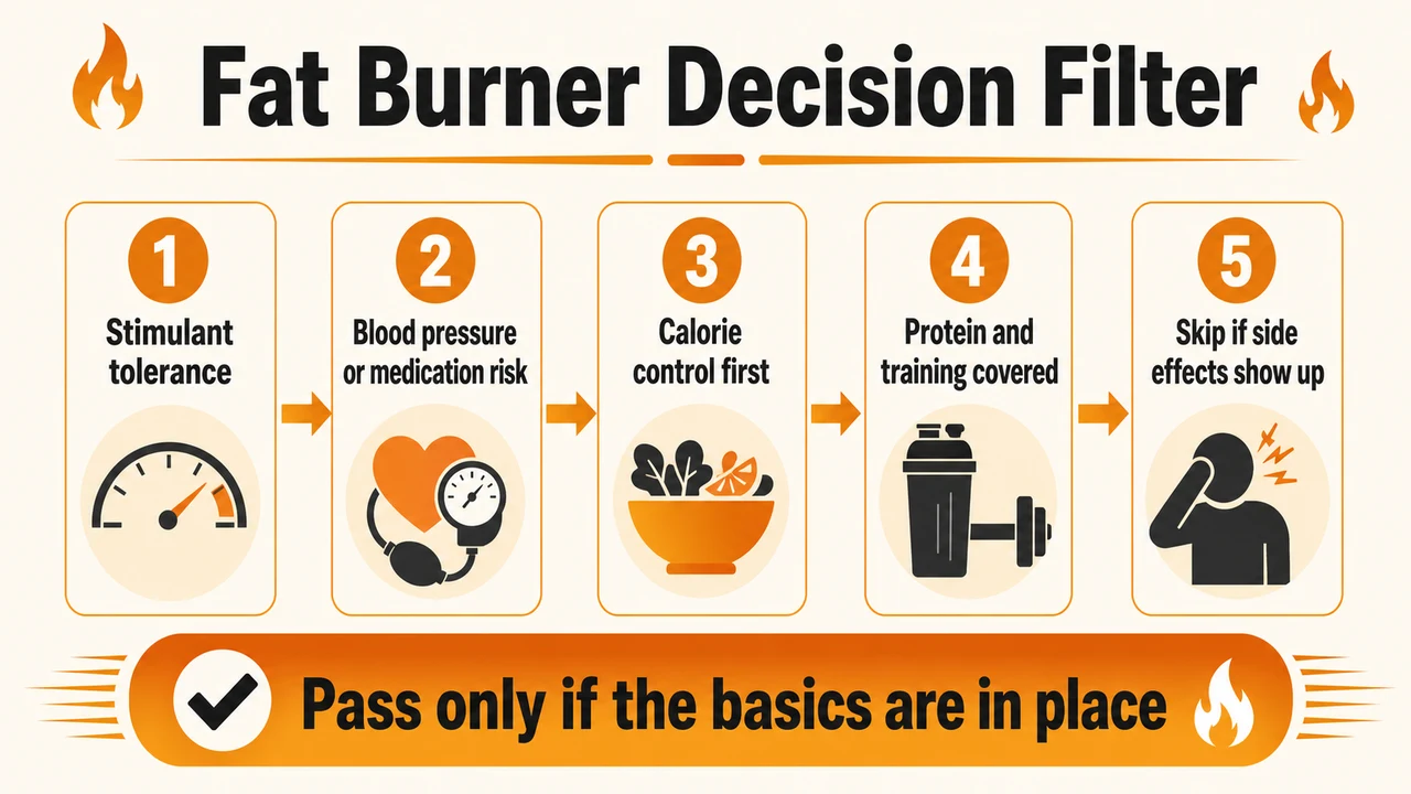 Fat burner decision filter covering stimulant tolerance, medication risk, calorie control, protein, training, and side effects