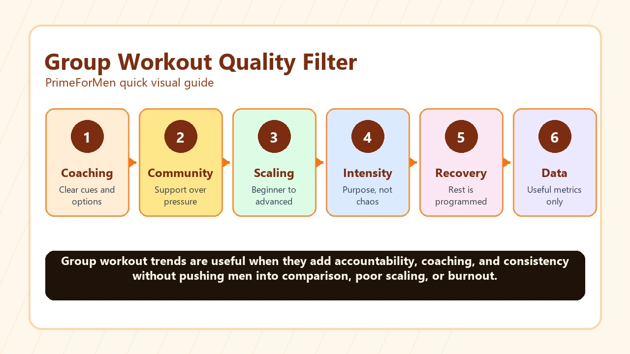 Group workout quality filter with coaching, community, scaling, intensity, recovery, and data