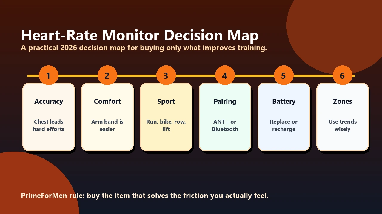 Heart Rate Monitors | Chest Strap, Arm Band, or Watch in 2026? 2 Heart-rate monitor decision map showing accuracy, comfort, sport type, connectivity, battery, and watch pairing