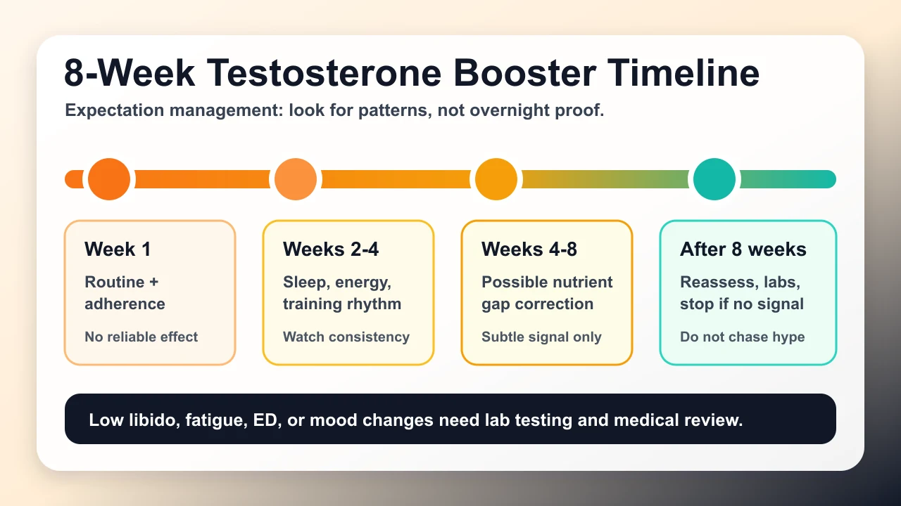 How Long Do Testosterone Boosters Take to Work? Realistic Timelines 5 8-week testosterone booster timeline showing week 1 adherence, weeks 2 to 4 sleep and energy, weeks 4 to 8 nutrient support, and reassessment after 8 weeks