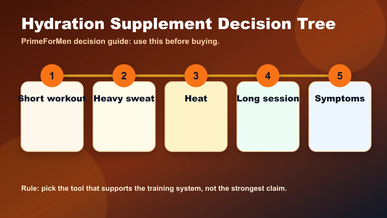 Hydration Supplements | Electrolytes, Sweat, and What Men Actually Need 2 Hydration supplement decision tree for men choosing water, electrolytes, or recovery fluids