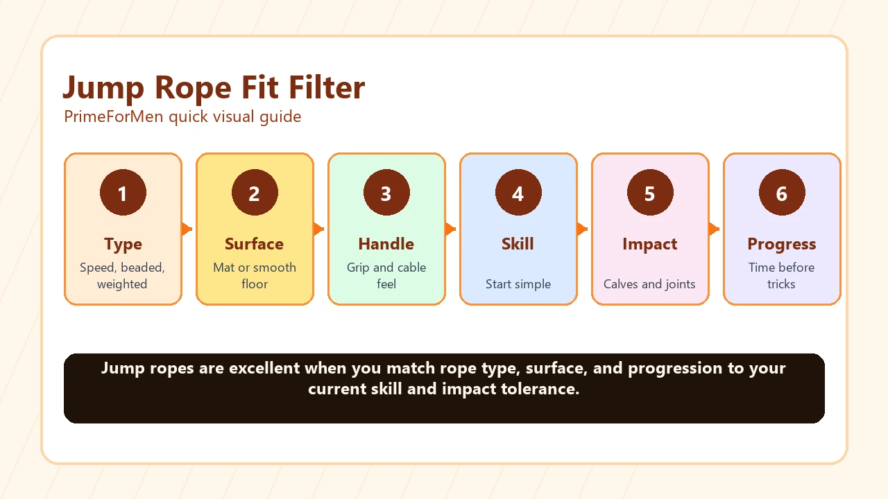 Jump Ropes | What to Buy for Conditioning, Footwork, and Travel Workouts 2 Jump rope fit filter with rope type, surface, handle and cable, skill level, impact tolerance, and progression