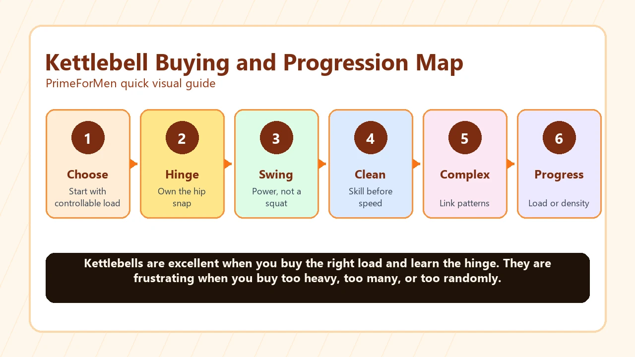 Kettlebells | What to Buy and How to Train Without Wasting Money 2 Kettlebell buying and progression map with choose weight, learn hinge, swing, clean, complex, and progress load or density