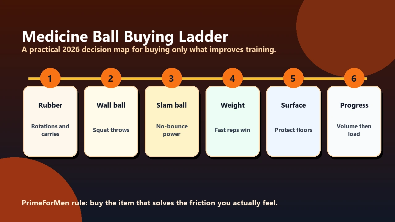 Medicine ball buying ladder showing rubber ball, wall ball, slam ball, weight choice, surface safety, and progression