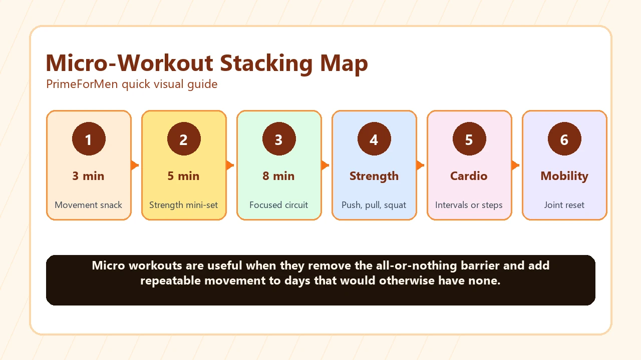 Micro Workouts | Short Sessions That Actually Add Up in 2026 2 Micro-workout stacking map with 3 minutes, 5 minutes, 8 minutes, strength, cardio, and mobility