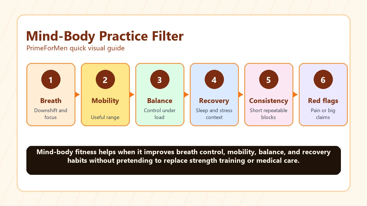 Mind-Body Fitness | Breath, Mobility, and Recovery Training for Men 2 Mind-body practice filter with breath, mobility, balance, recovery, consistency, and red flags