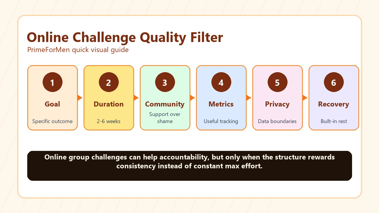 Online challenge quality filter with goal, duration, community, metrics, privacy, and recovery