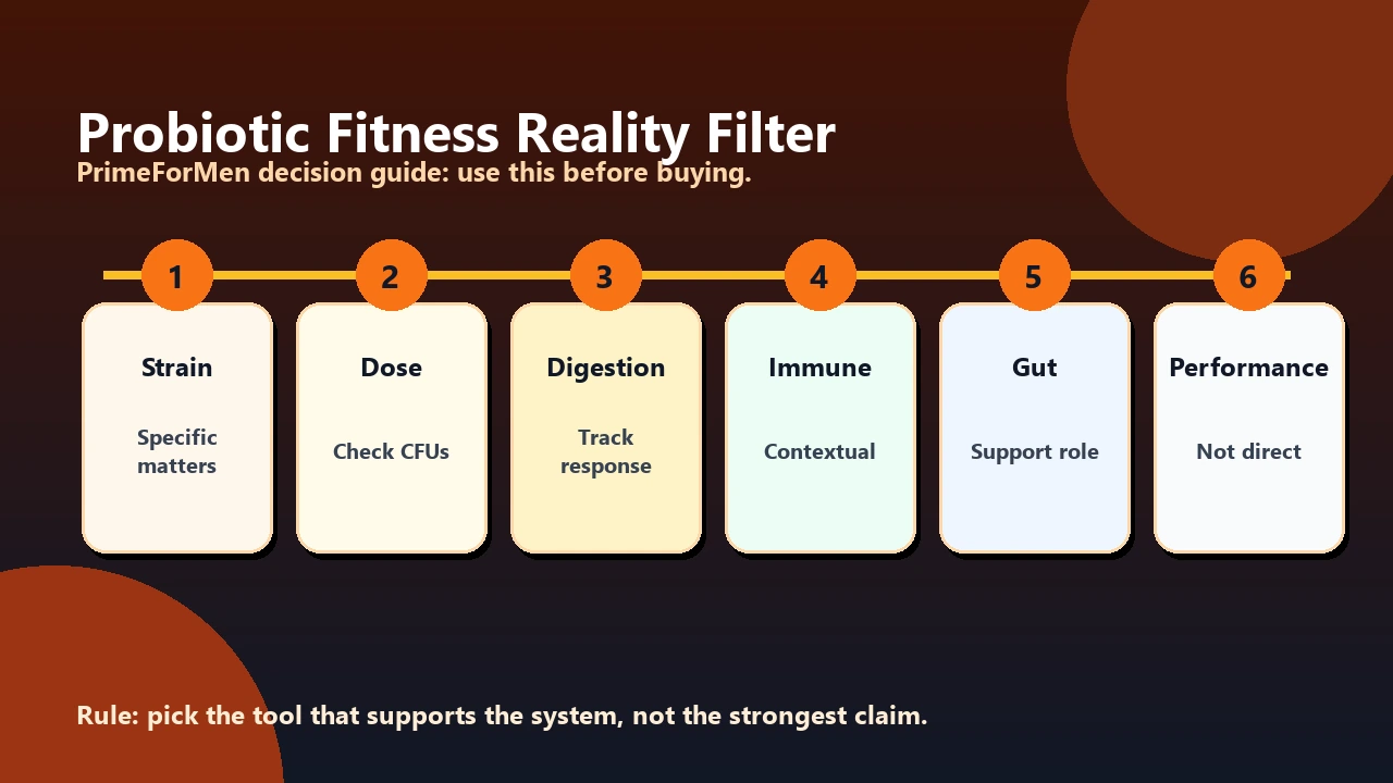 Probiotics for Fitness | Gut Health, Recovery, and What Men Overread 2 Probiotic fitness reality filter showing strain evidence, digestion support, travel and antibiotic context, and limits on performance claims