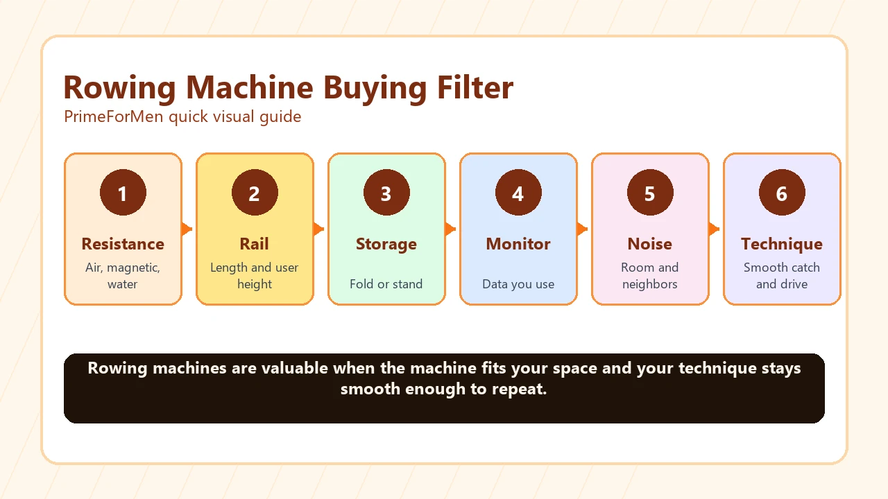 Rowing machine buying filter with resistance type, rail length, storage, monitor data, noise, and technique fit