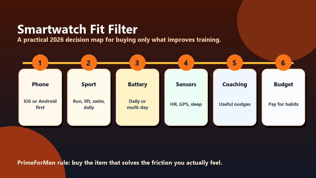 Smartwatch fit filter showing phone ecosystem, sport depth, battery life, sensors, coaching, and budget