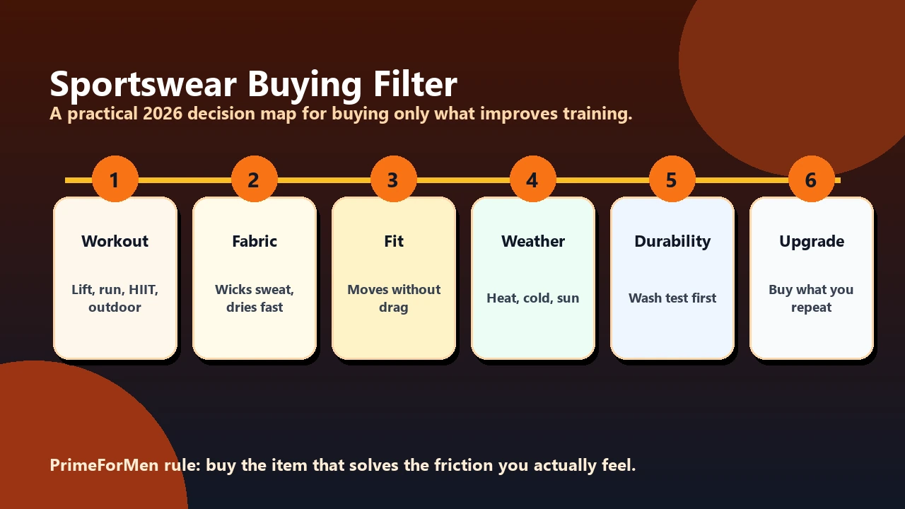 Sportswear buying filter showing workout type, fabric, fit, weather, durability, and upgrade priority