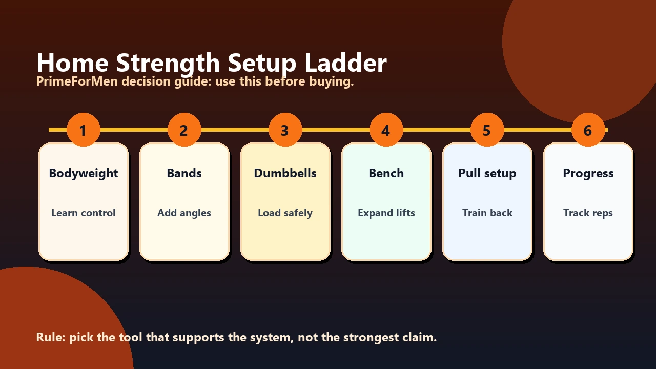 Strength Training at Home | Build Muscle Without a Full Gym 2 Home strength setup ladder from bodyweight to bands, adjustable dumbbells, bench, and progression readiness