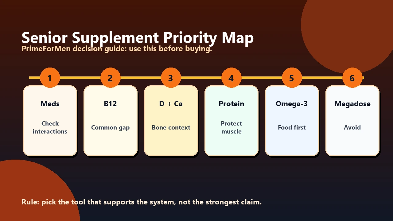 Supplements for Seniors | What Older Men Should Check First 2 Senior supplement priority map showing medication review, lab testing, protein intake, vitamin D and calcium, B12, omega-3, and clinician follow-up