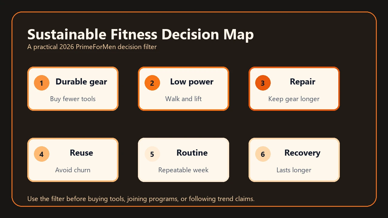 Sustainable Fitness | Build a Routine That Lasts and Wastes Less 2 Sustainable fitness decision map with durable gear, low power, repair, reuse, routine, and recovery