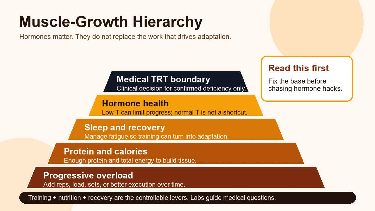 Testosterone for Muscle Growth | What Matters and What Men Overread 2 Muscle growth hierarchy infographic showing progressive overload, protein and calories, sleep, hormone health, and TRT boundary