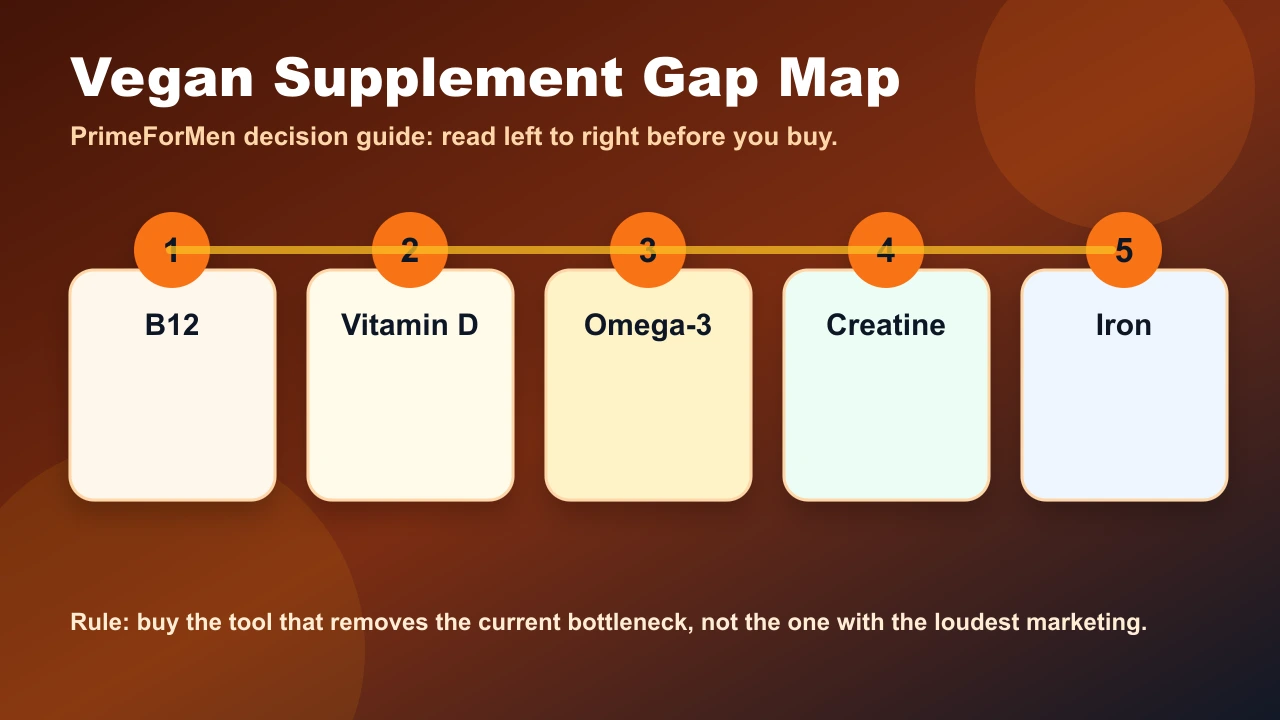 Vegan supplement gap map for men covering B12, vitamin D, omega-3, creatine, protein, and iron labs
