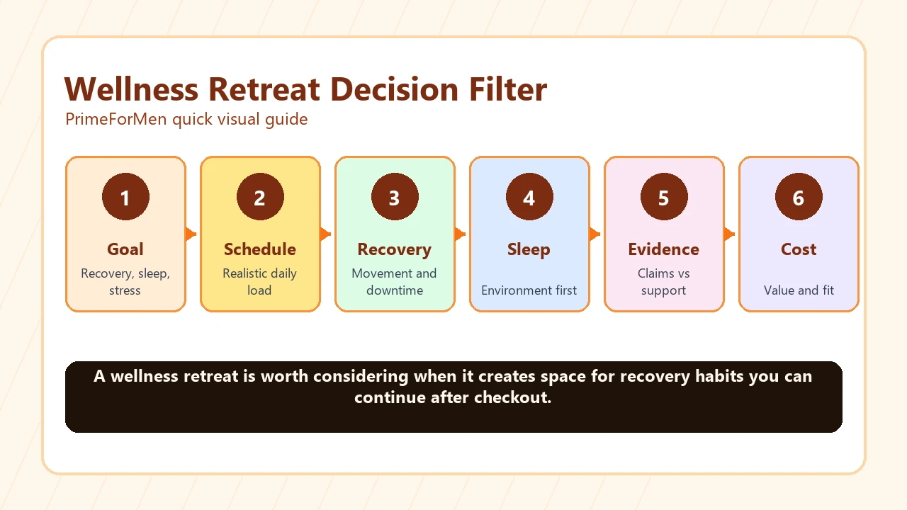 Wellness Retreats | What Men Should Check Before Booking 2 Wellness retreat decision filter with goal, schedule, recovery, sleep, evidence, and cost