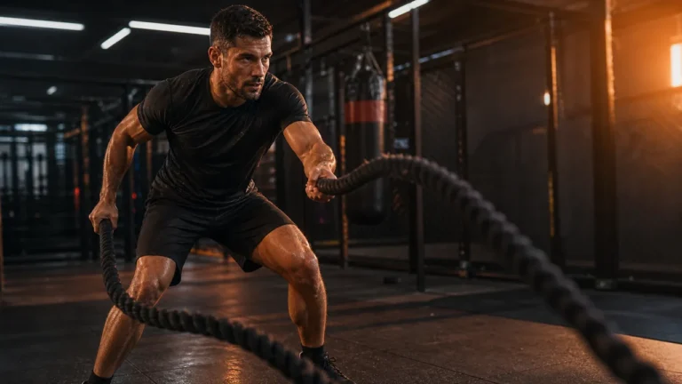 MMA Training for Men | Strength and Conditioning Guide 1 Man doing MMA strength and conditioning work in a warm-orange training gym