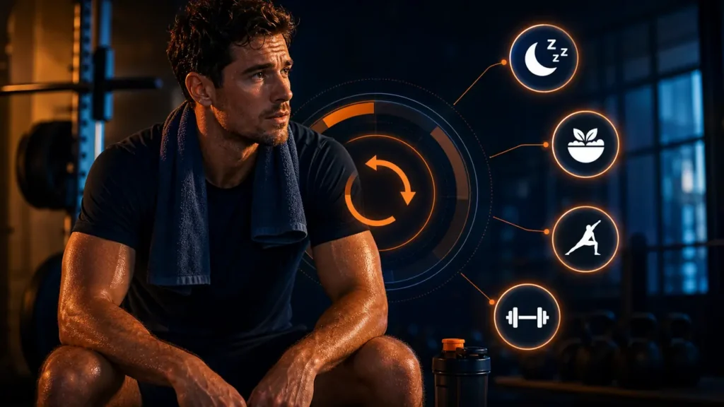 Man recovering after strength training with muscle recovery technique icons